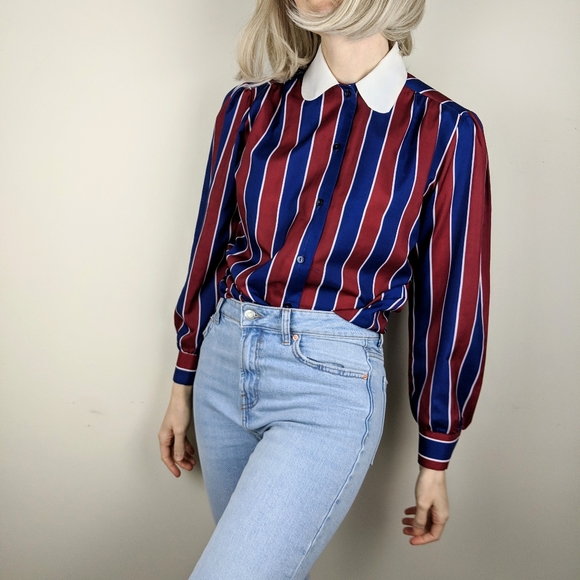 Vintage Tops - VTG 80s Striped Red & Blue Peter Pan Collar Blouse